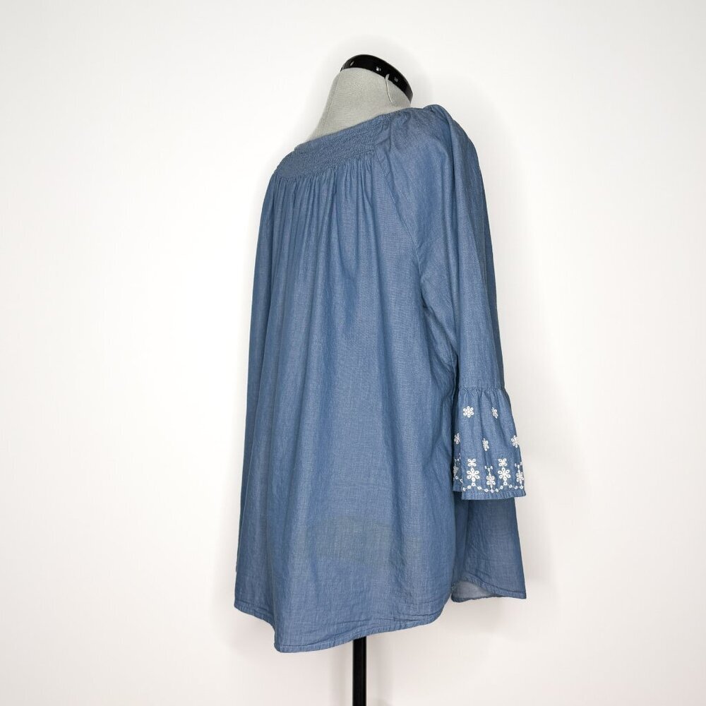 Terra & Sky Smocked Neck Denim Blue Tunic with Eyelet Embroidery - 1X - Picture 5 of 8